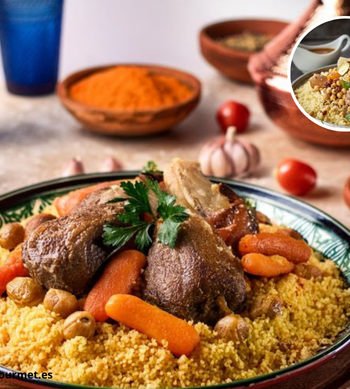 Imagen de un plato de cuscús royal, con ingredientes como carne, verduras y especias, característicos de la cocina norteafricana