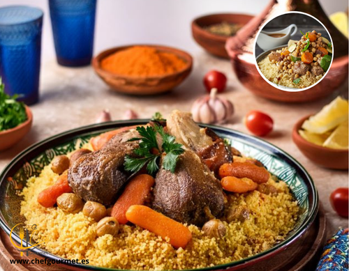 Imagen de un plato de cuscús royal, con ingredientes como carne, verduras y especias, característicos de la cocina norteafricana