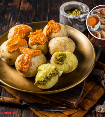Imagen de un plato de papas arrugadas canarias con mojo rojo y verde, salsas típicas de las Islas Canarias
