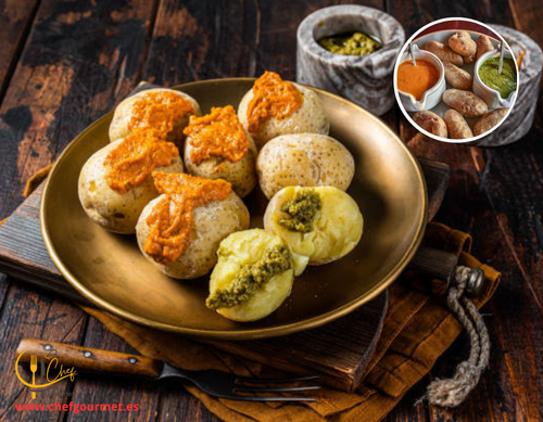 Imagen de un plato de papas arrugadas canarias con mojo rojo y verde, salsas típicas de las Islas Canarias