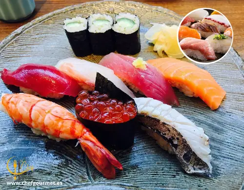 Piezas de sushi Edomae con cortes de pescado fresco sobre arroz, dispuestas en bandeja con wasabi y jengibre encurtido