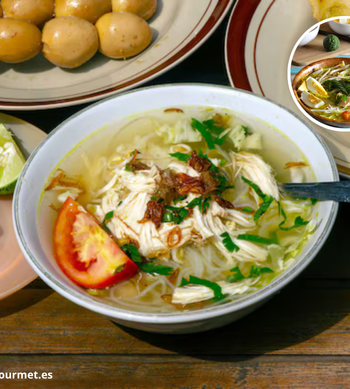 Bol de Soto Ayam indonesio con caldo amarillo, pollo desmenuzado, fideos de arroz, huevo cocido, lima y brotes de soja