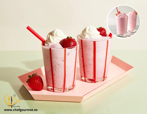 Milkshake de fresa en un vaso con fresas frescas alrededor