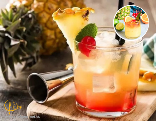 Cóctel Mai Tai en vaso tiki con hielo, mezcla de ron, lima, curaçao y sirope de almendra, decorado con menta y lima