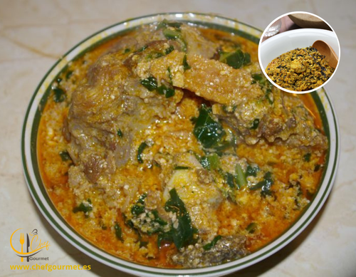 Sopa Egusi de Nigeria con semillas de melón molidas, espinacas frescas y carne de cordero.