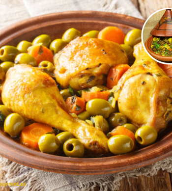 Tajine marroquí con pollo, limón confitado y aceitunas verdes.
