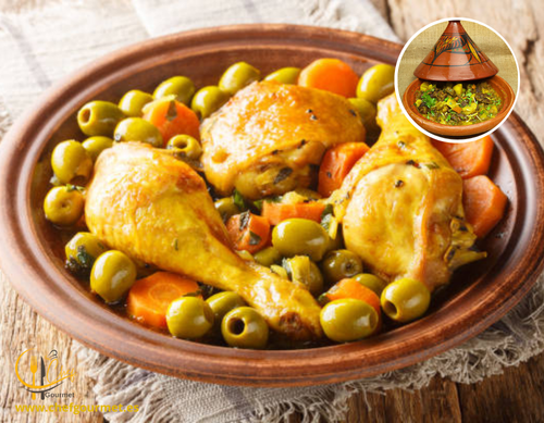 Tajine marroquí con pollo, limón confitado y aceitunas verdes.