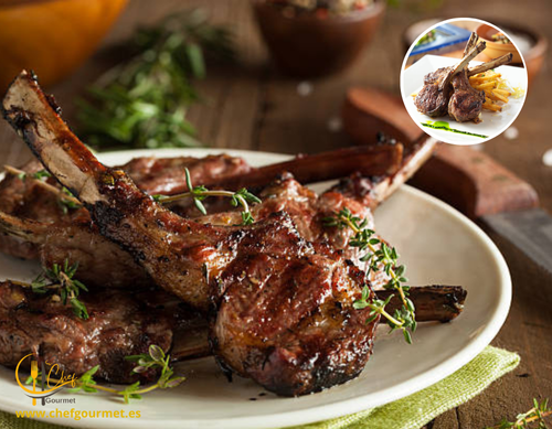 Chuletas de cordero al sarmiento asadas sobre brasas de sarmientos de vid en una parrilla tradicional riojana.