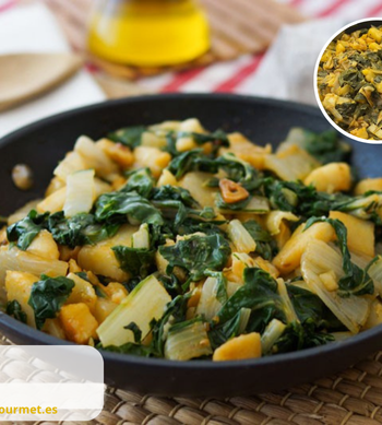 Acelgas en menestra manchega con verduras frescas y aceite de oliva, plato típico de Castilla-La Mancha.